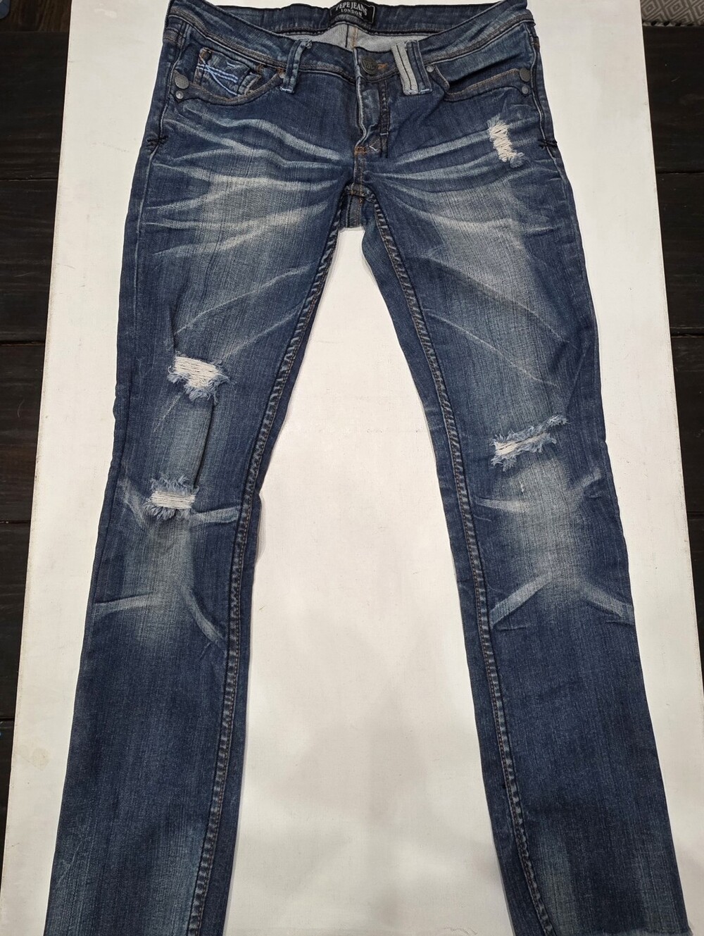 Pepe Jeans Frisky Y2K Low Rise Distressed Skinny Jeans Blue Denim Women 15"